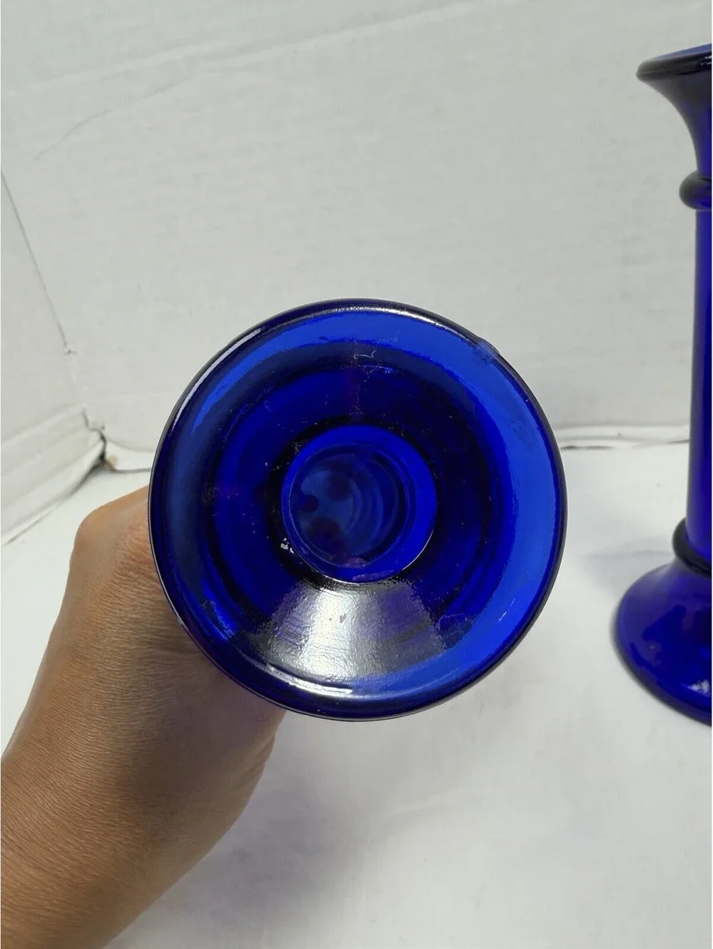 Vintage Imperial Glass Cobalt Blue Taper Candlestick Holders Mid Century Pair